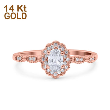 14K Rose Gold Halo Vintage Floral Art Deco Oval Bridal Simulated CZ Wedding Engagement Ring Size 7
